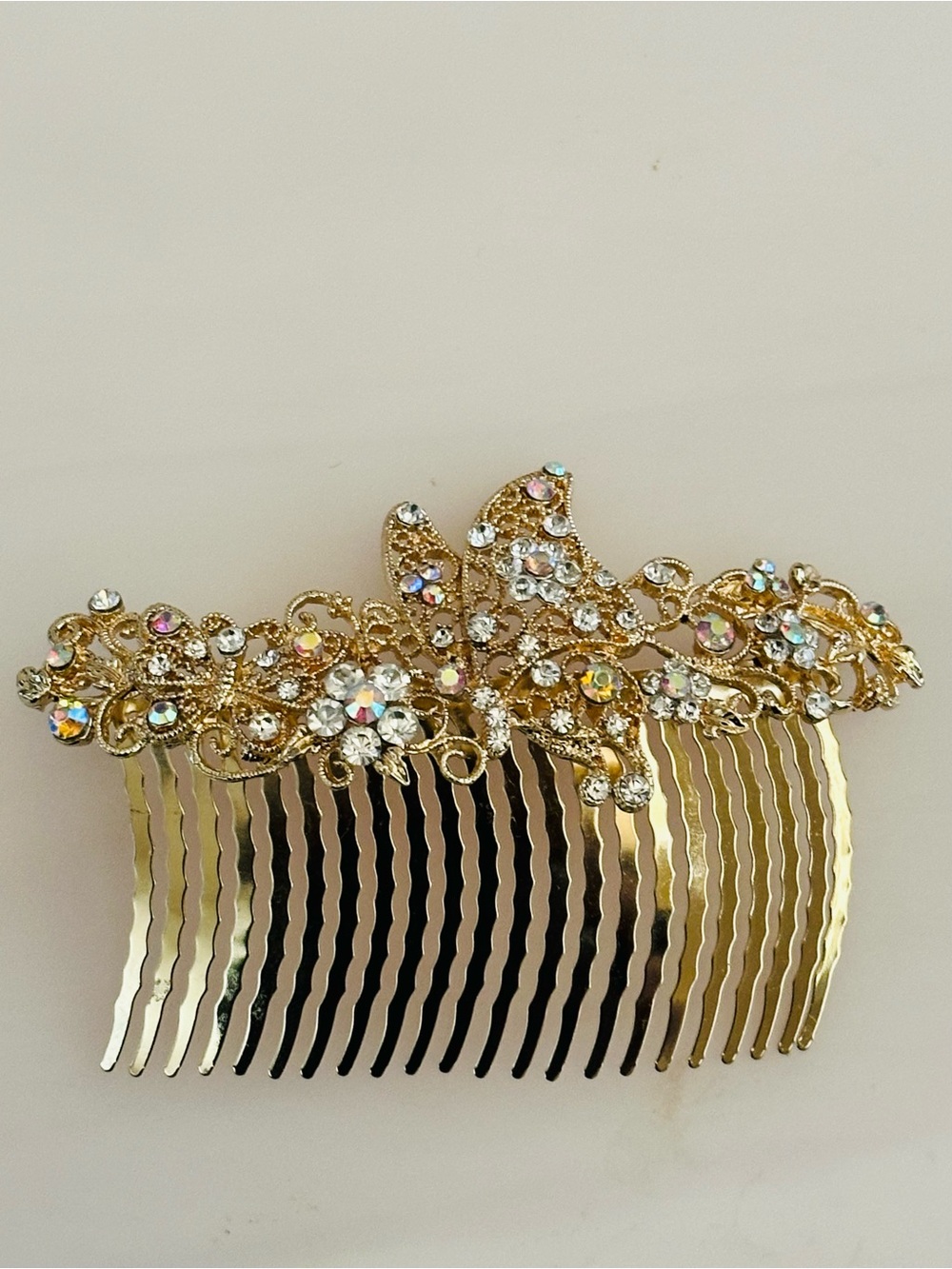 Gold Rhinestone Butterfly Floral Hair Comb Bridal Wedding Prom Formal Accessory - Picture 1 of 9